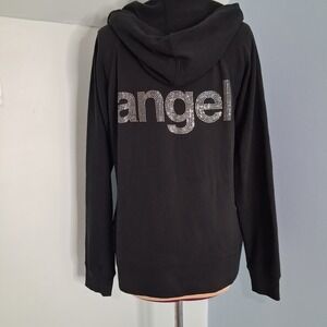 Victorias Secret Black Angel Rhinestone Full Zip Hoodie Sweatshirt Medium Bling